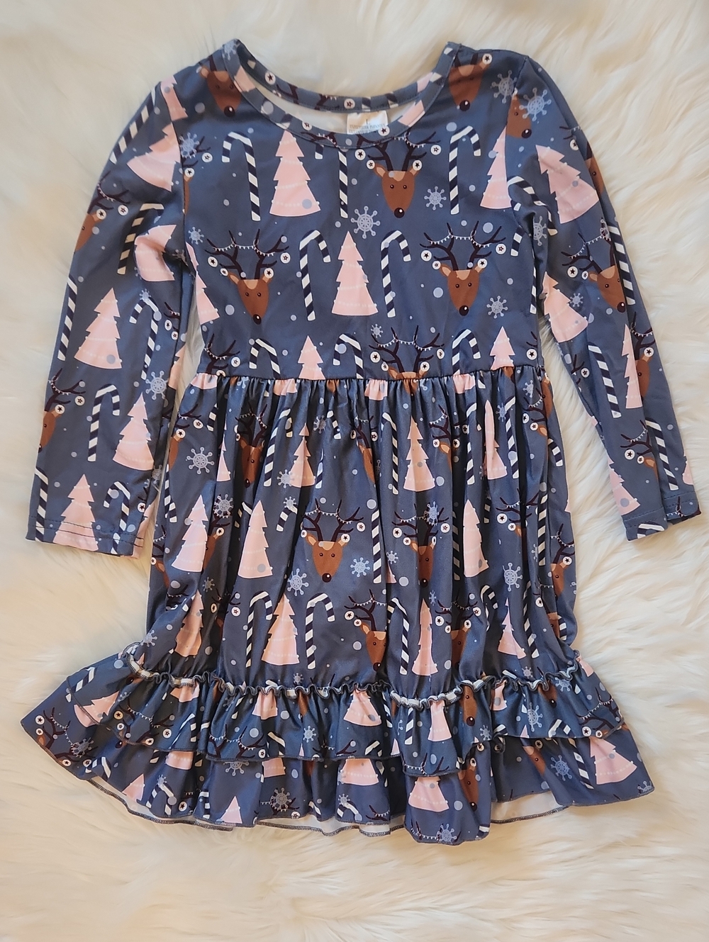Girls Navy Pink Reindeer Holiday Dress - Boutique Brand - Girls size Large